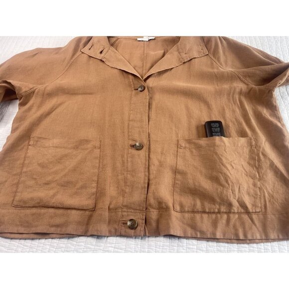 Pure jill Elements Brown Button-Up Linen Jacket Pockets 2X High Collar 3/4 Sleev - Picture 6 of 10
